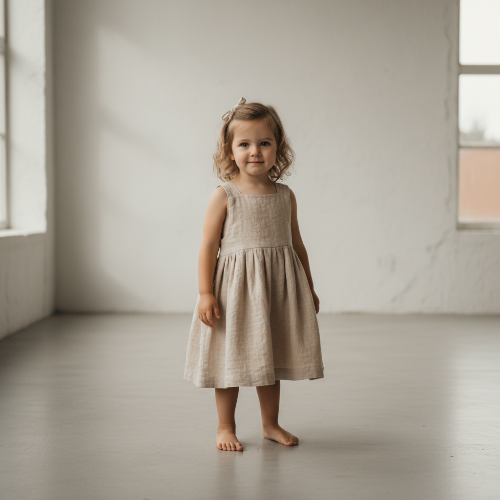 Happy child in colorful casual clothing, bright airy studio, white background, playful expression
