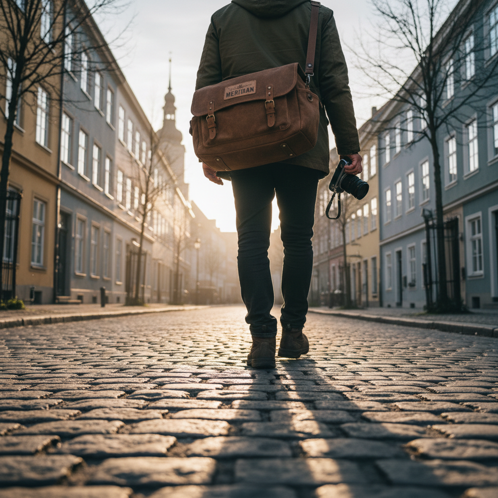 Photographer carrying Meridian camera bag on cobblestone street in golden morning light, bag worn over shoulder