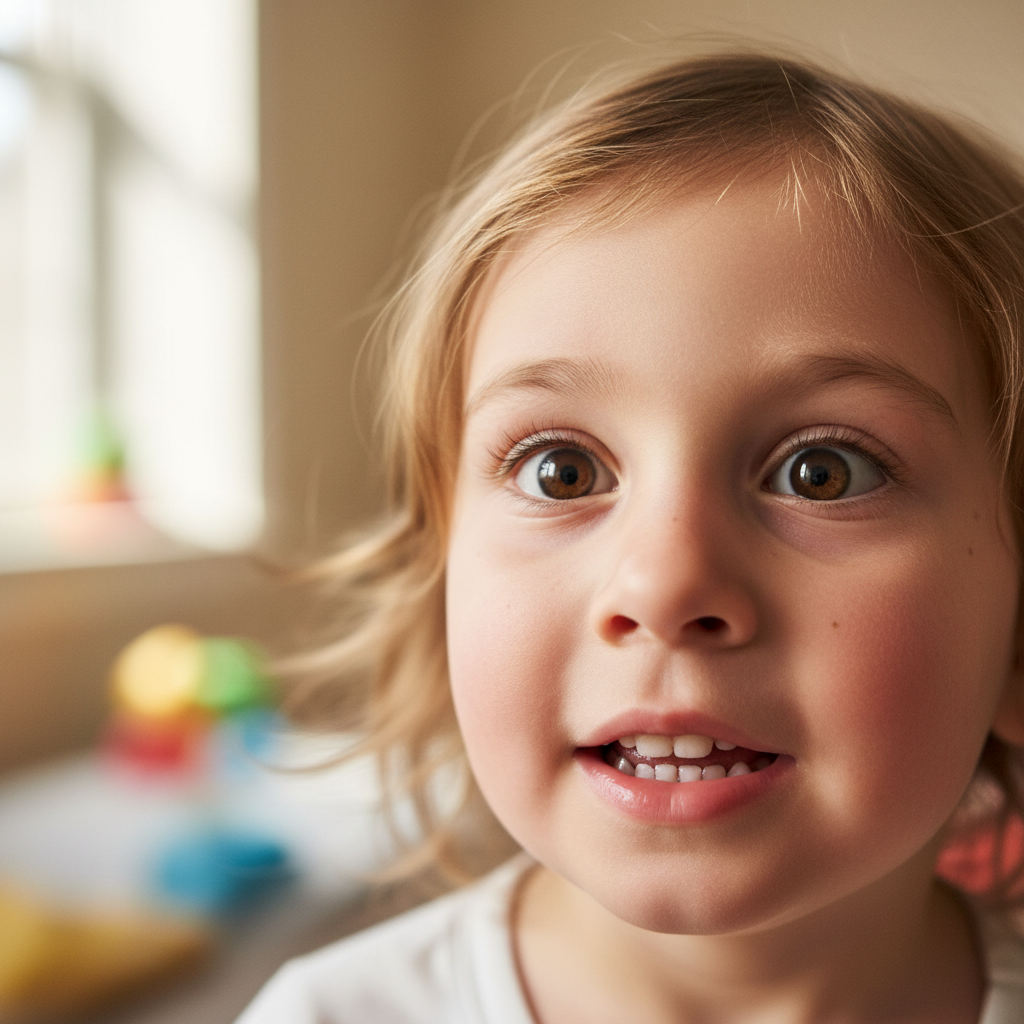 Close-up of a child's face frozen in half-second disbelief before erupting in excitement