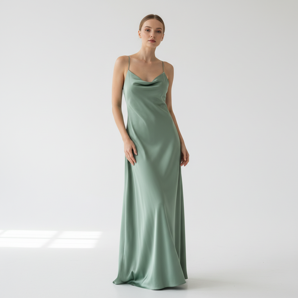Curvy model in blush satin slip dress, bright airy studio, graceful editorial fashion photography