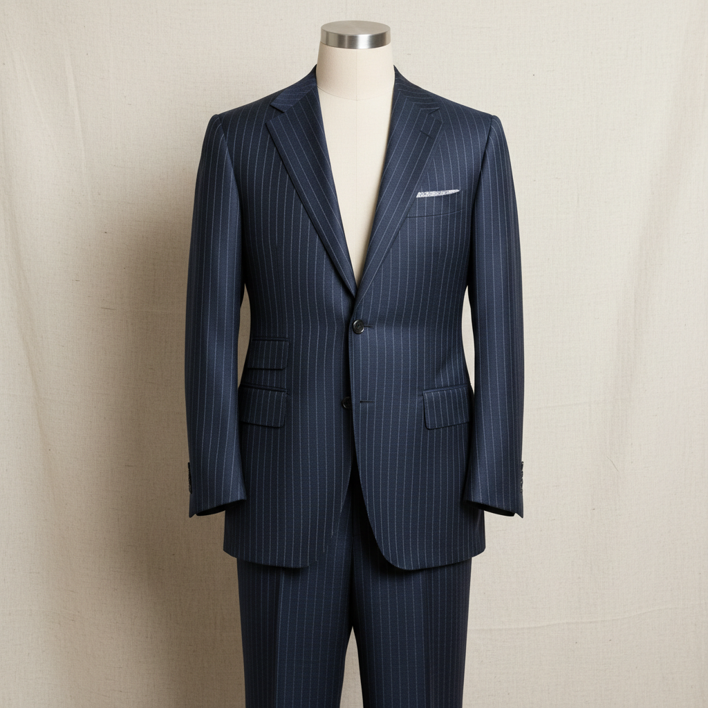 Sharply pressed navy chalk-stripe suit on a tailor's form