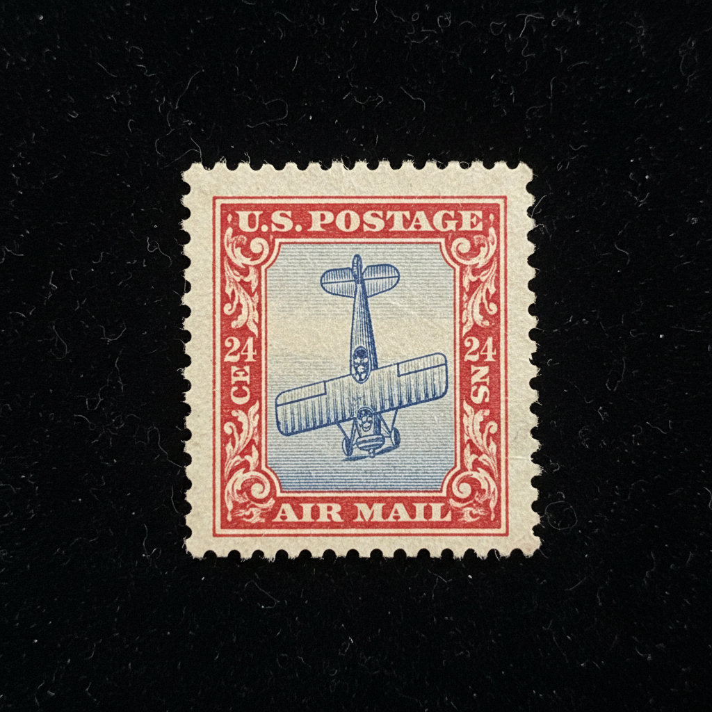 Rare inverted Jenny airmail stamp showing biplane printed upside down on blue carmine frame