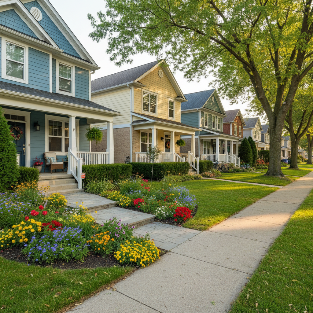 Elegant suburban home with manicured lawn in bright sunlight, traditional architecture with modern touches