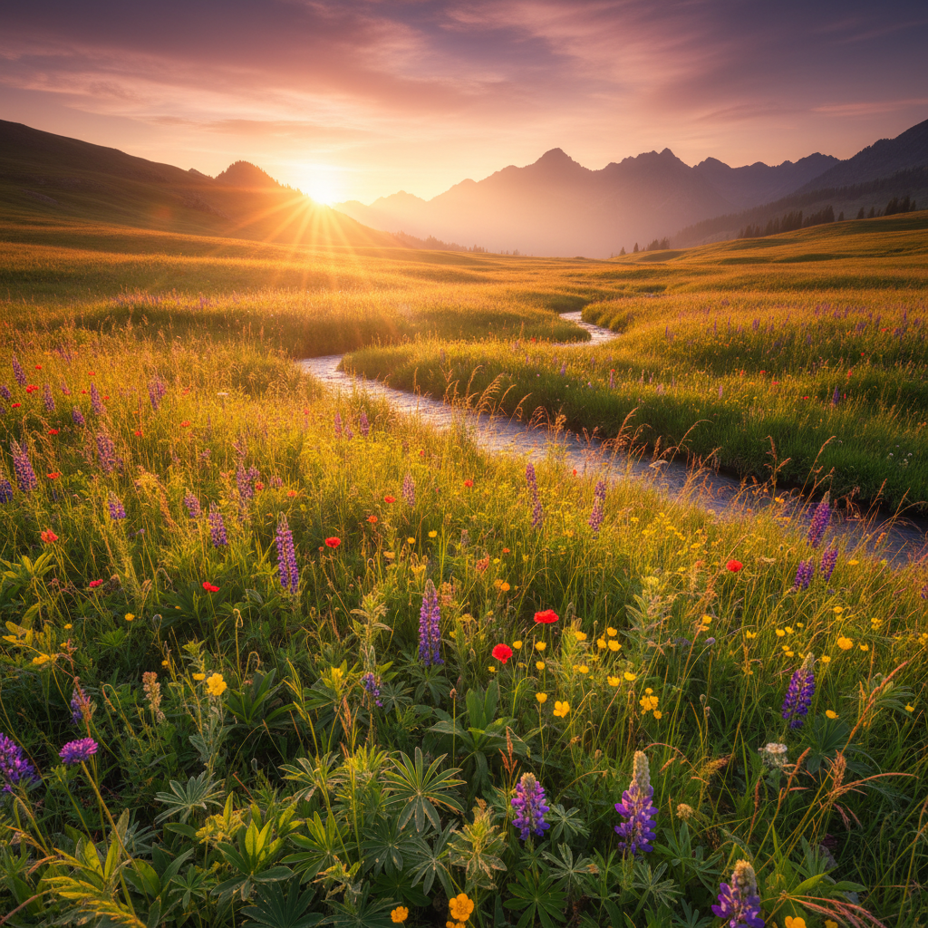 Golden hour light sweeping across mountain meadow — natural time-lapse frame