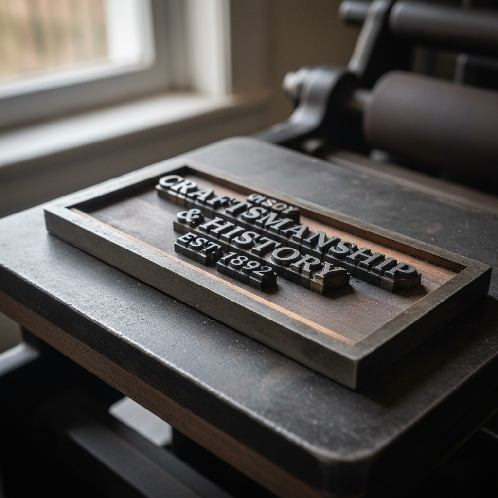 Letterpress plate locked into a chase, type set by hand in aged metal