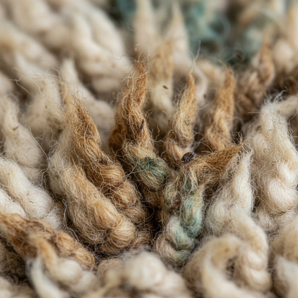 Before: macro shot of water-damaged Beni Ourain wool tufts, compressed and discoloured from flood water