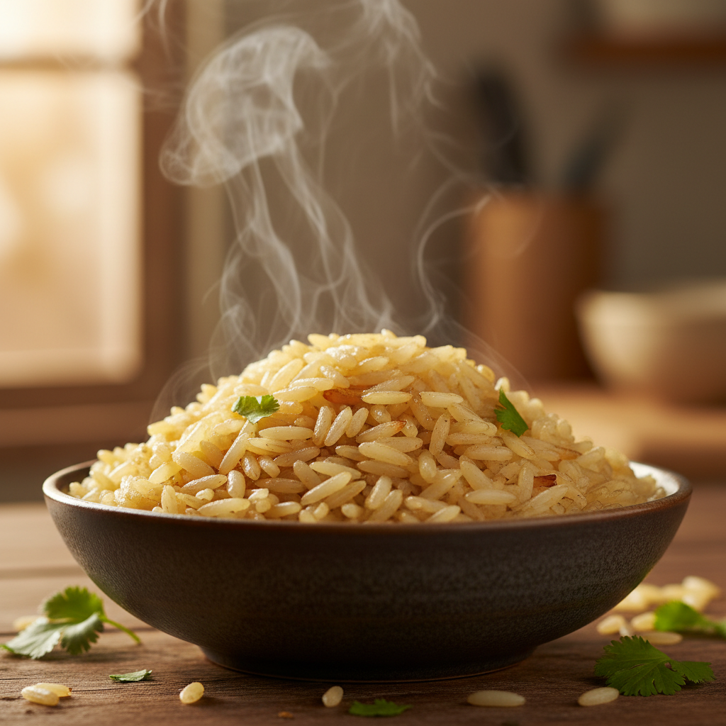 Arroz con pollo casero en plato oscuro, iluminación cálida lateral, vapor visible, fondo oscuro