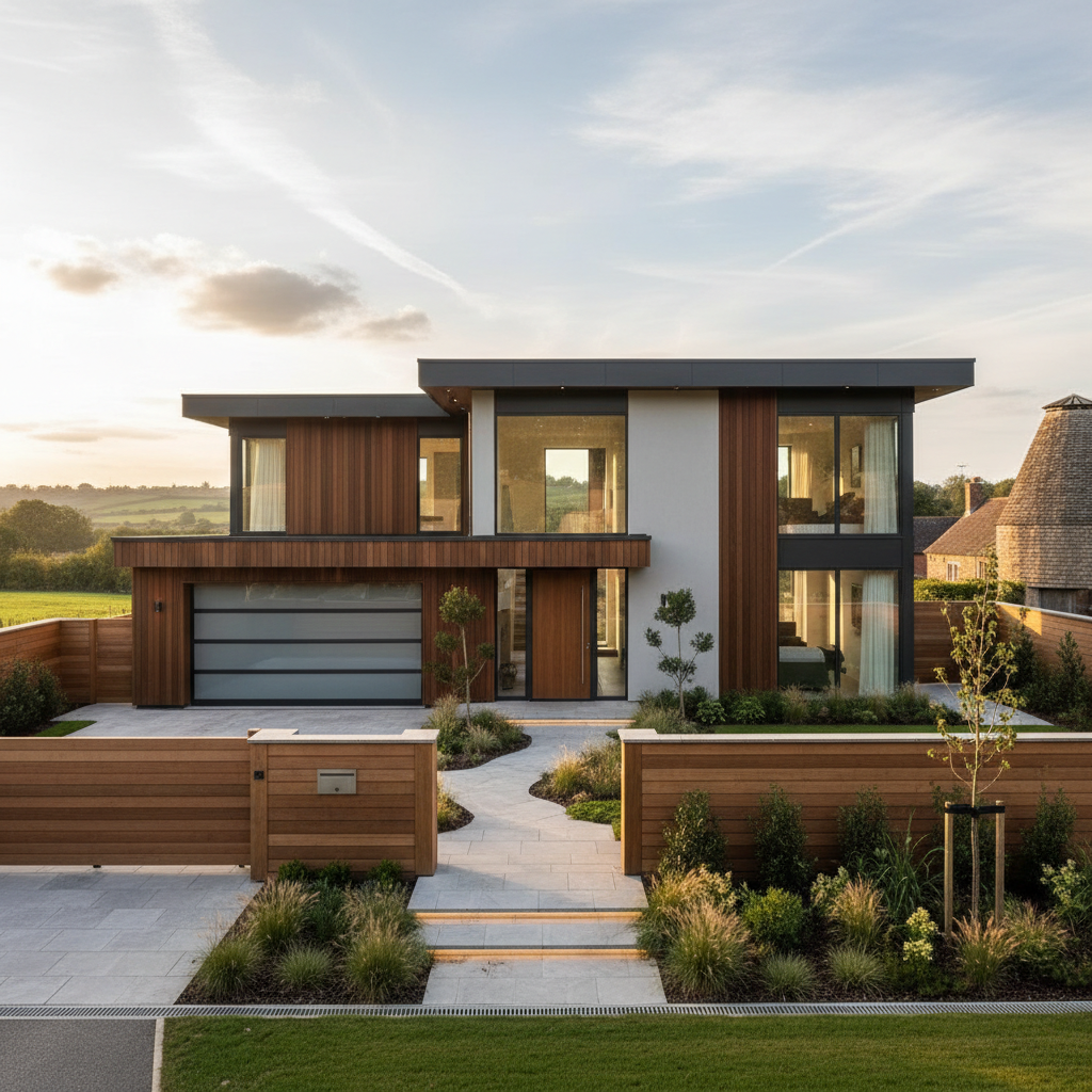 Modern 4-bedroom detached family home in Horsmonden Kent with contemporary facade and landscaped front garden