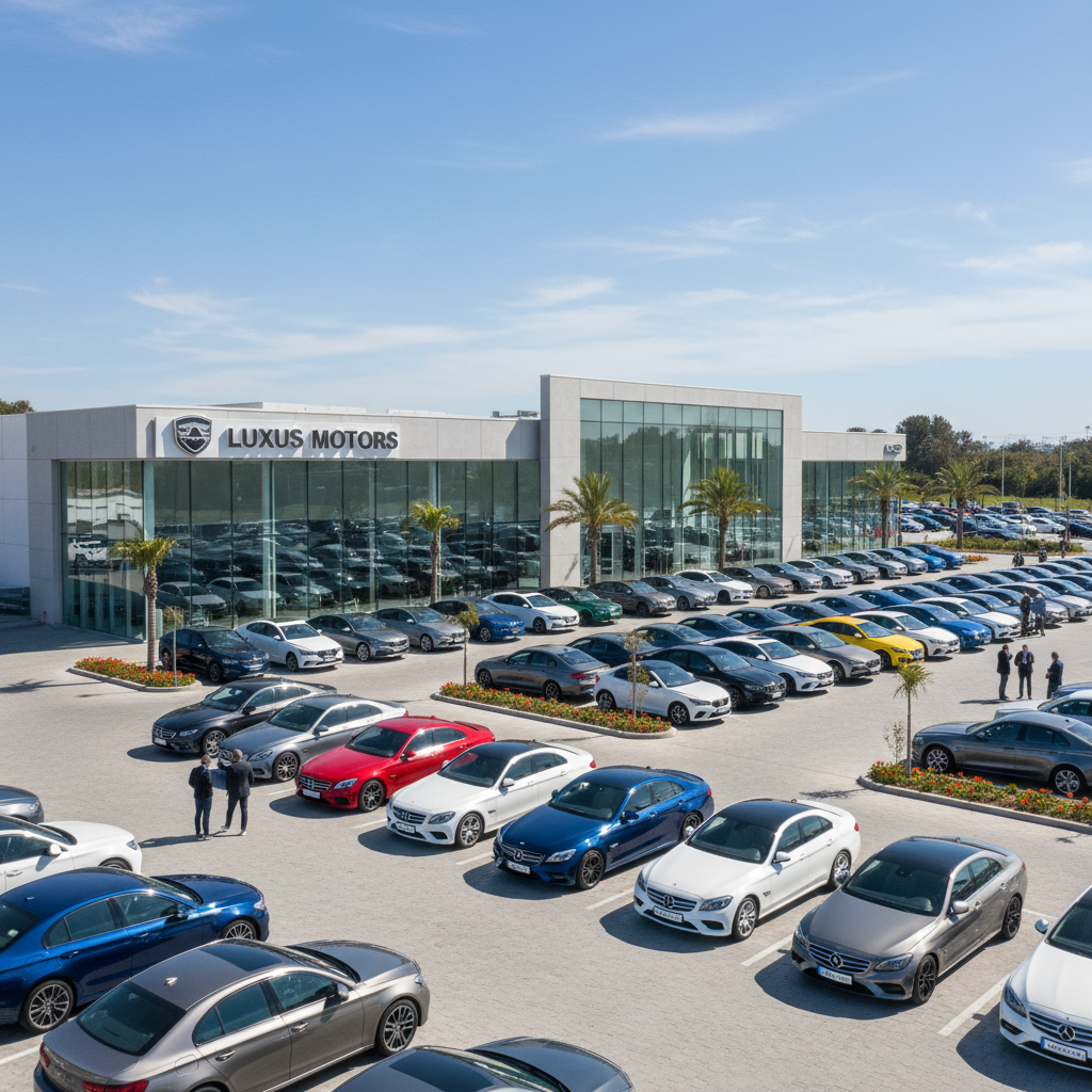 Row of new cars at dealership lot, aerial view, sunny day, colorful vehicles