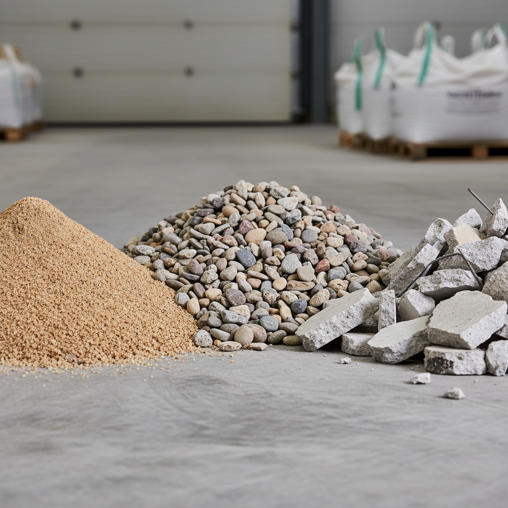 Construction aggregate materials including crushed stone and gravel at a materials yard