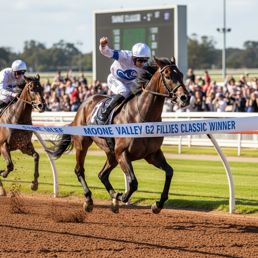 Salty Pearl winning the G2 Fillies Classic at Moonee Valley, crossing the finish line in first place