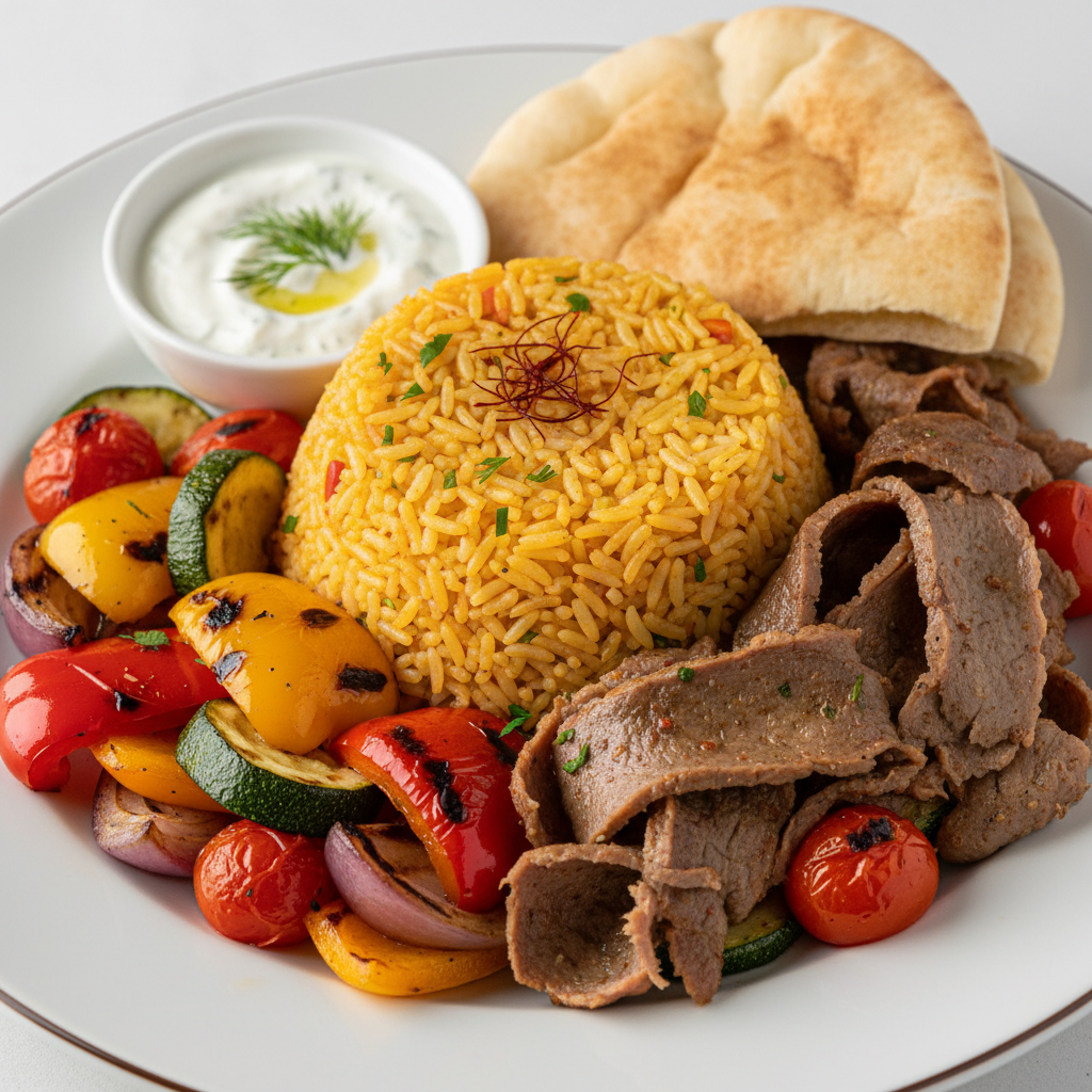 Classic lamb platter with saffron rice, grilled vegetables, and hummus