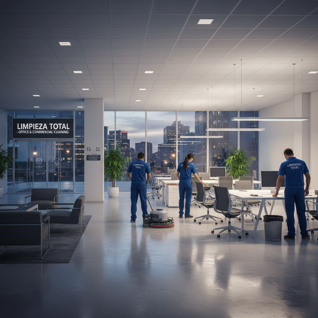 Büroreinigung, modernes Büro, dunkle Atmosphäre, professionelles Reinigungsteam bei der Arbeit