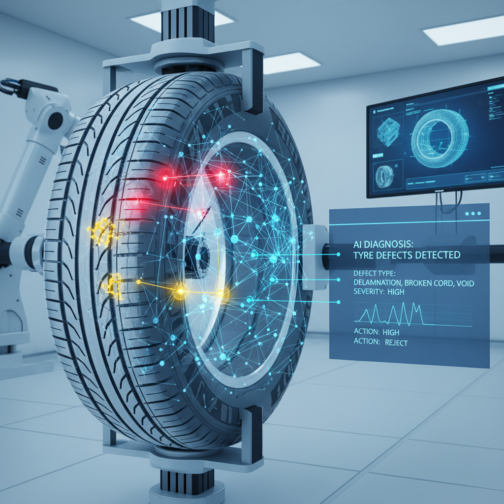 X-ray AI defect detection system — real deployment screenshot analyzing internal tyre structure for manufacturing quality control