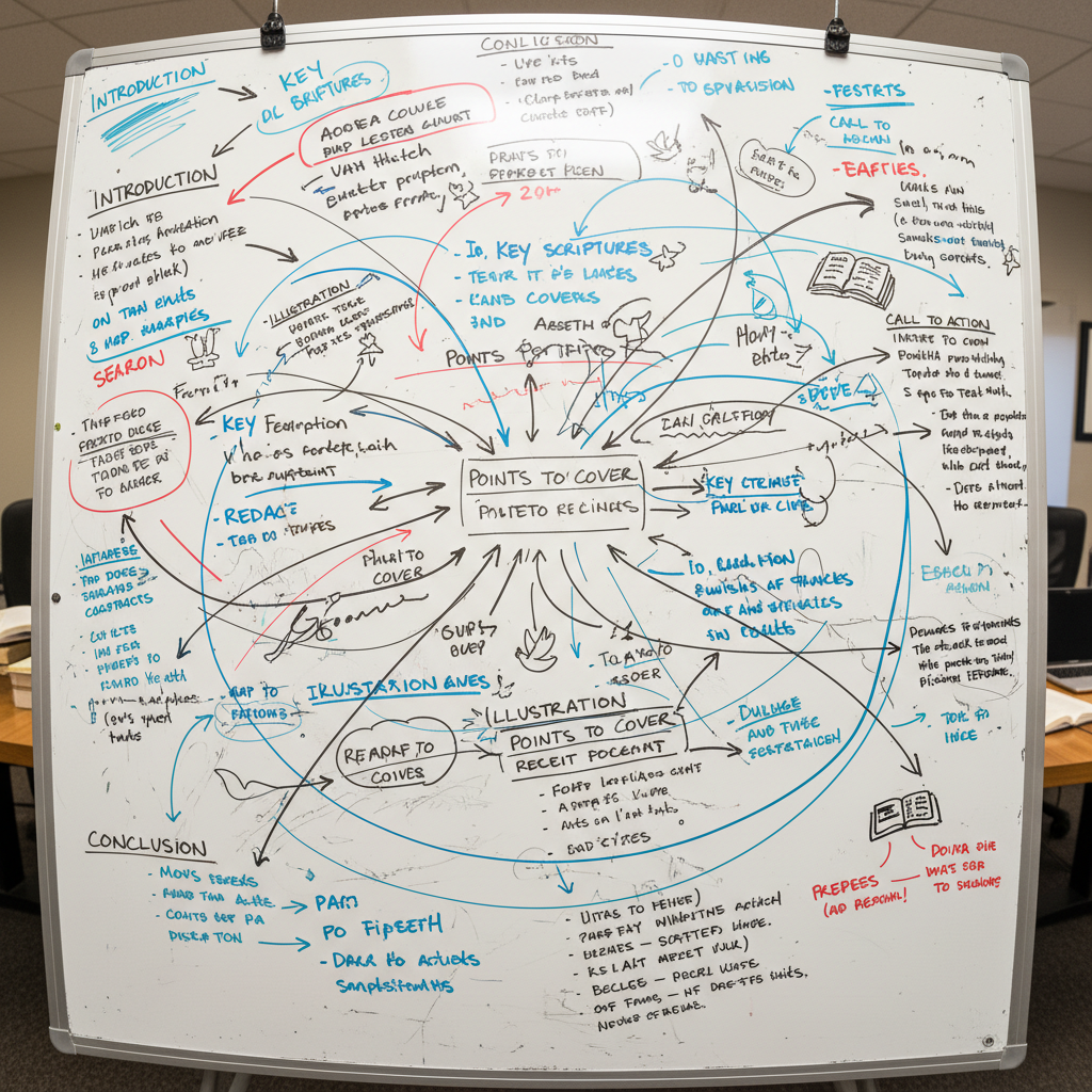 A whiteboard covered in sermon outlines and arrows, photographed from above