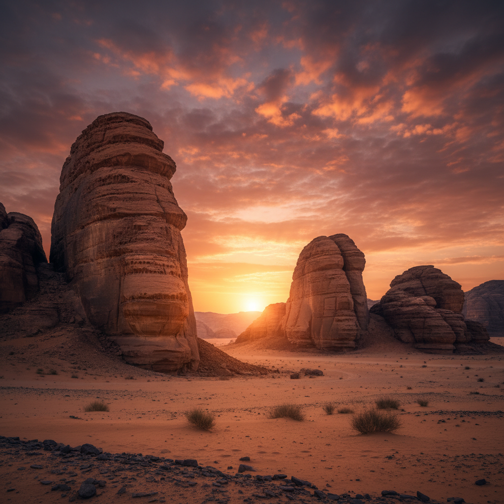 Ancient desert landscape at dusk, dramatic shadows across stone ruins, deep amber sky, atmospheric dust haze, low-key cinematic lighting