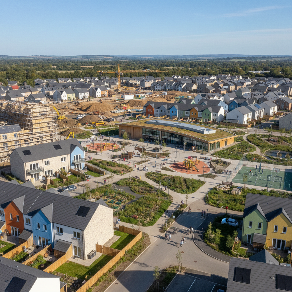 Aerial view of residential neighborhood with affordable housing units