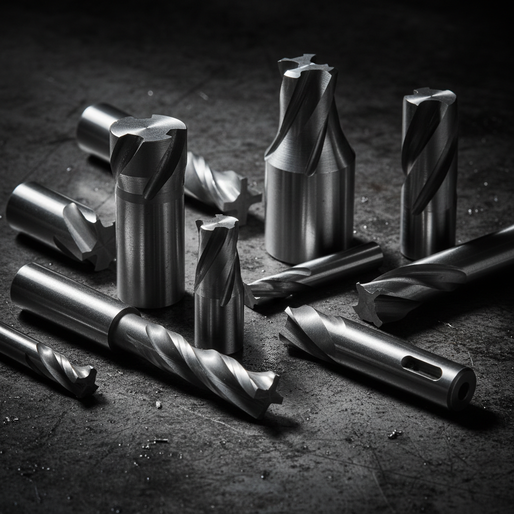Professional SDS drill bits arranged on dark industrial surface with metallic sheen