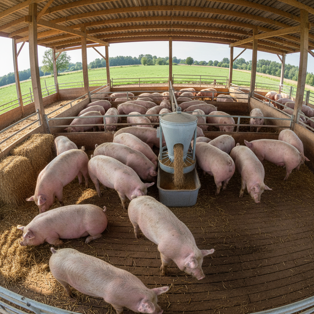 Quality pink pigs resting in a clean, spacious farm pen