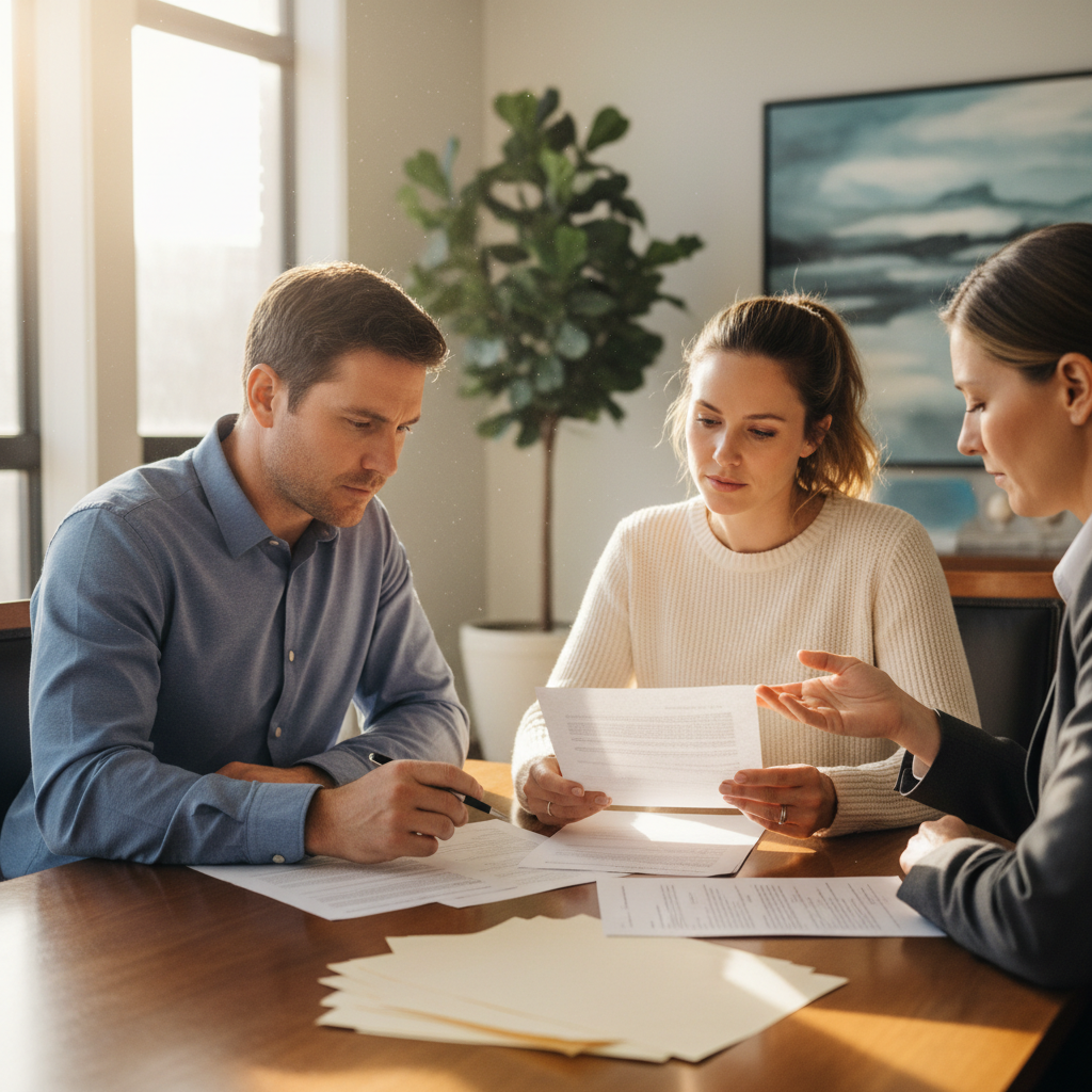 Couple reviewing adoption paperwork with attorney at a sunlit conference table