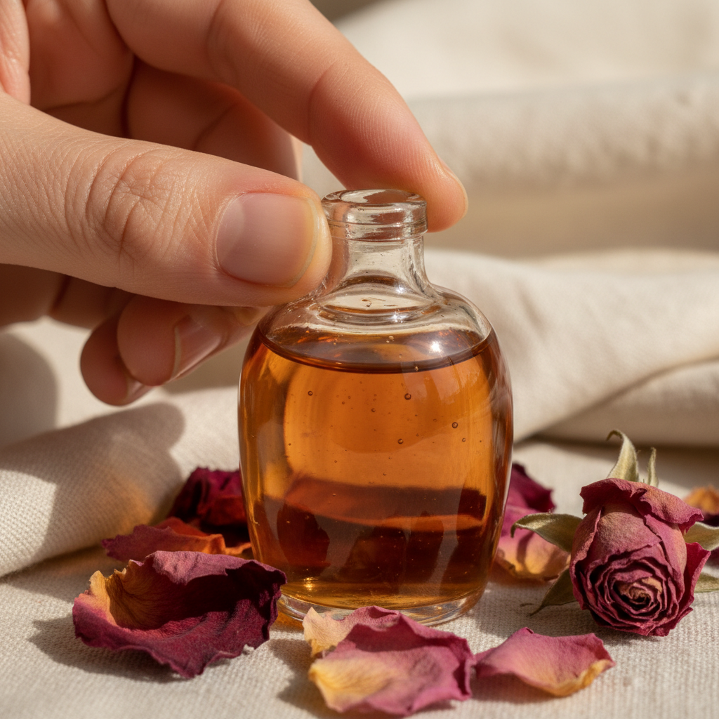 A hand with slightly stained fingers holding a hand-blown glass vial of amber attar oil against draped linen fabric and scattered dried roses, natural directional light