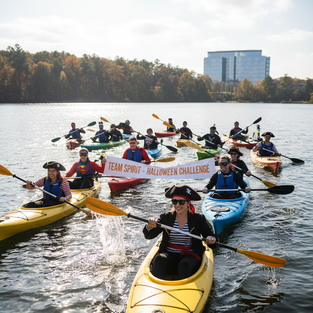 Corporate group in Halloween costumes on kayaks