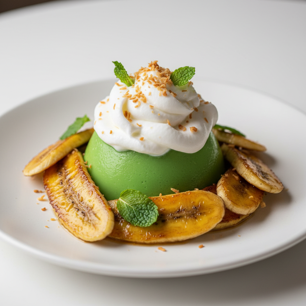 Vietnamese-inspired dessert course — pandan custard with coconut cream and caramelized banana on white ceramic