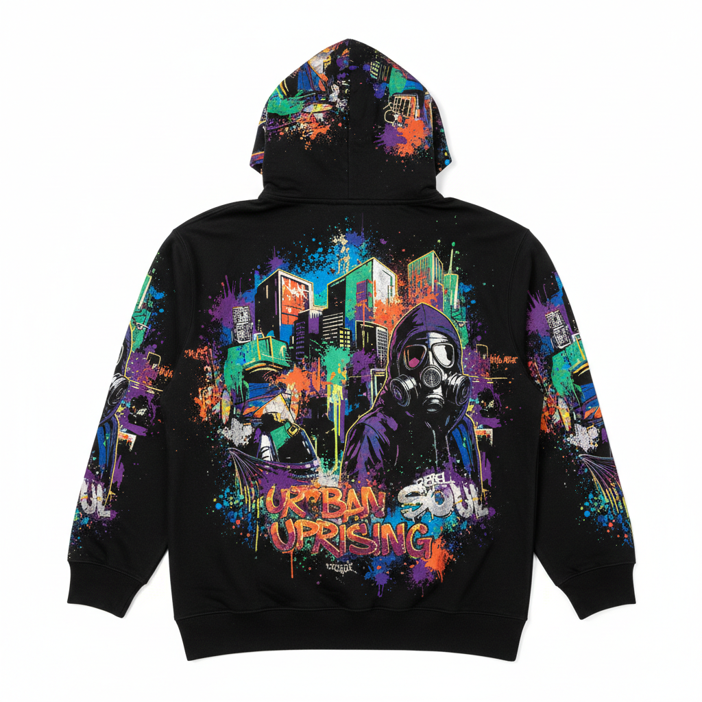 Dark black hoodie with custom print design hanging against moody shadowed background