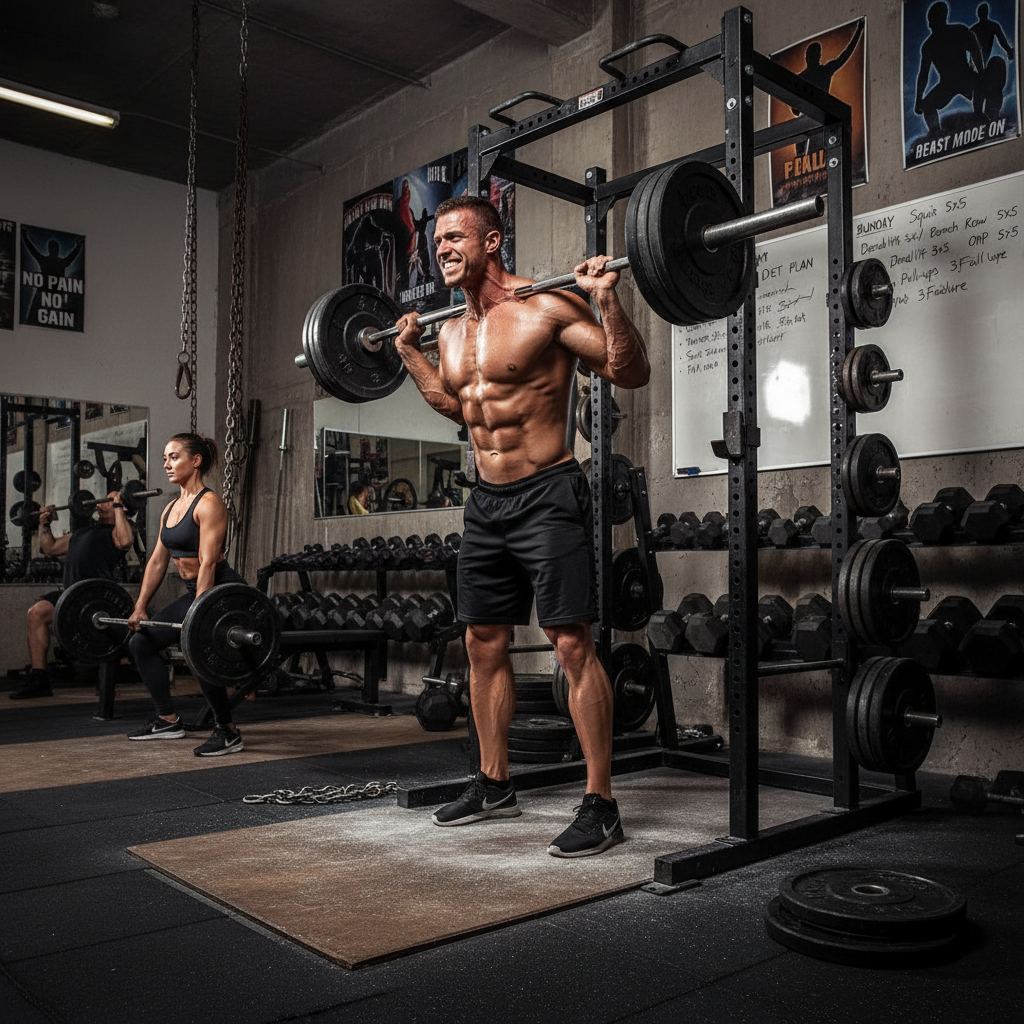 Athletic man at start of muscle building program in gym setting