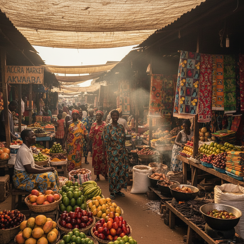 Bustling Accra market with vibrant kente cloth stalls and warm tropical light casting long shadows on the street