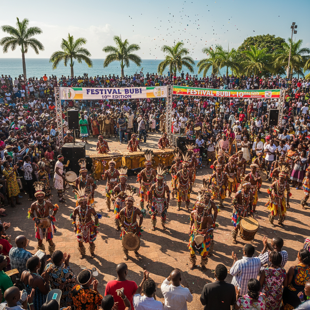 African traditional dance performance with elaborate colorful costumes and masks under bright stage lighting, multiple dancers in dynamic motion