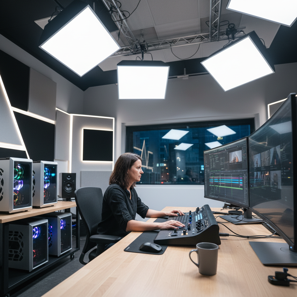 Creative woman working on content creation in modern media studio