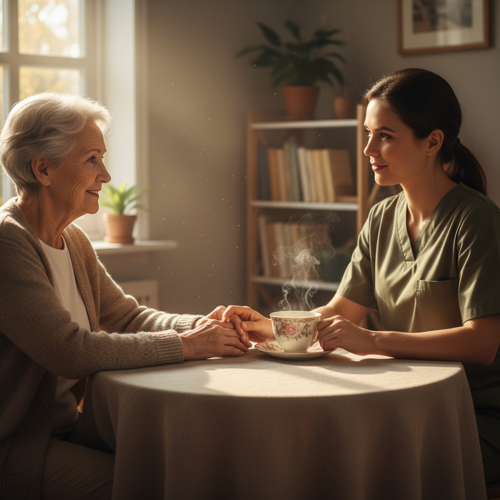 Hands of an elderly woman and a younger person held together on a wooden table, warm afternoon light, dark background, intimate and tender, deep shadow