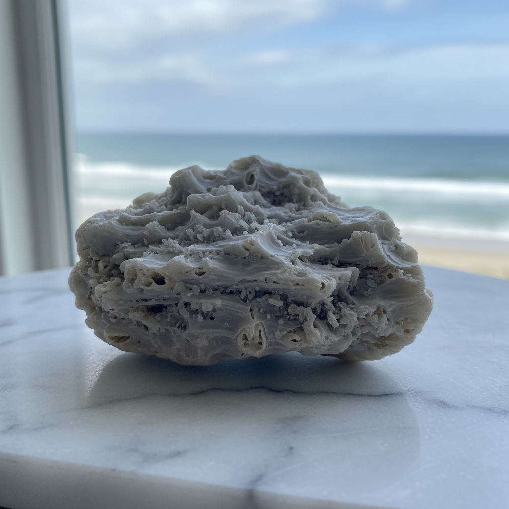 Pale grey ambergris specimen on a white marble surface with the Atlantic ocean visible in the background
