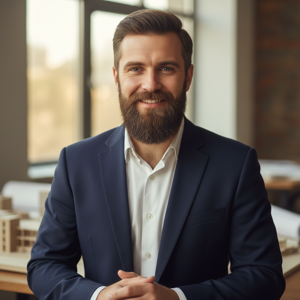 Professional headshot of Marcus Osei, male architect with confident expression, light grey background