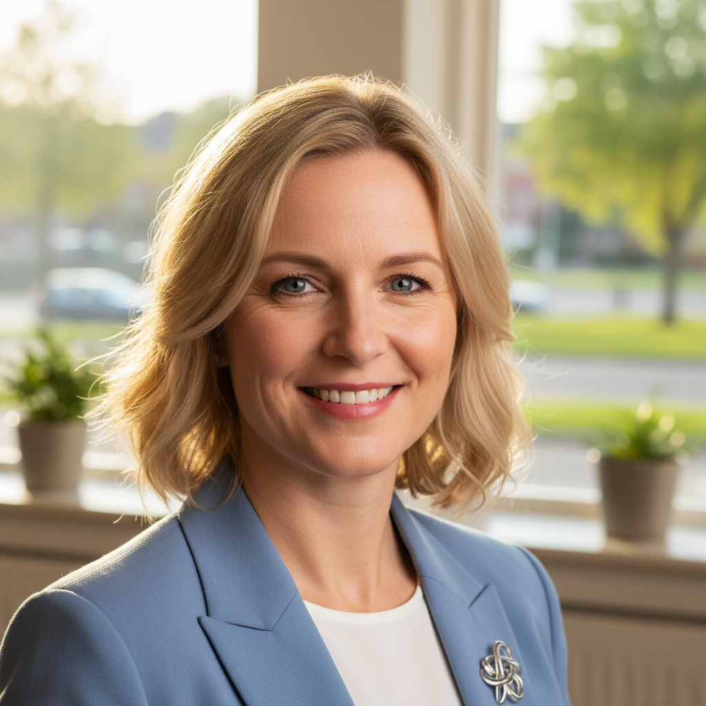 Scandinavian woman healthcare administrator, professional portrait with warm natural light
