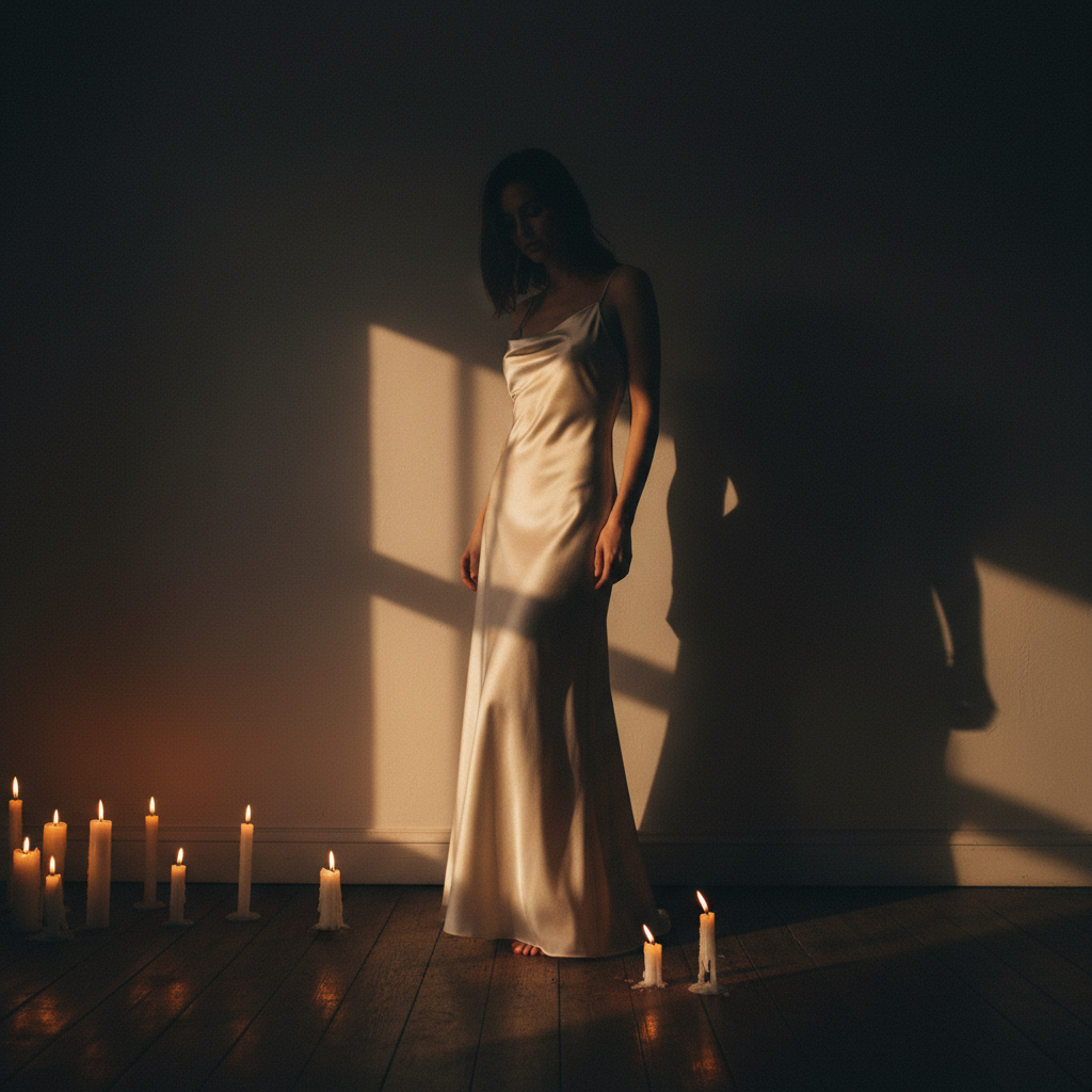 Satin slip dress in dark atmospheric editorial