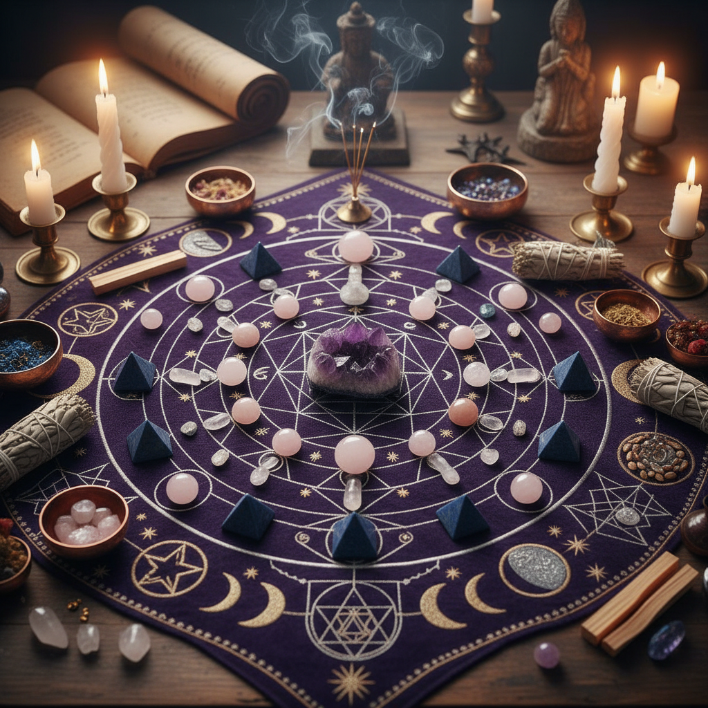 Collection of healing crystals and gemstones arranged in sacred geometry pattern with candles