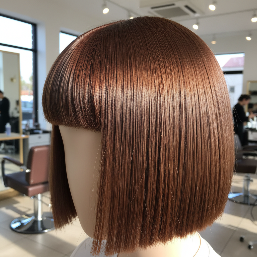 Curly bob wig in natural brown tones, clean white studio background