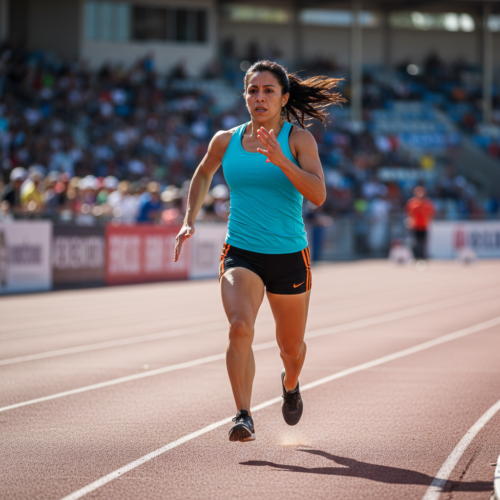 Elena, a Latina woman in her 40s, running in a masters track meet with determination