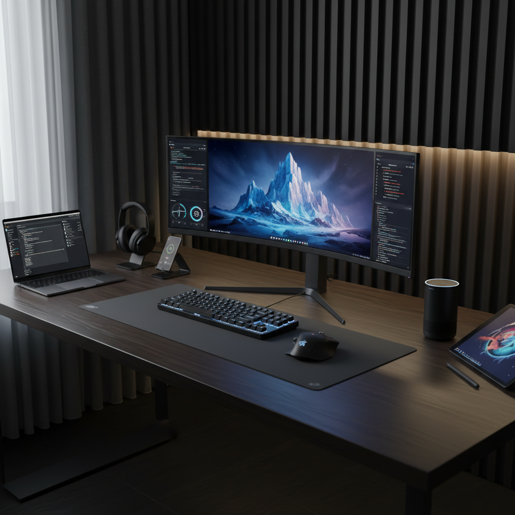 Premium tech workspace setup with multiple monitors and professional equipment in dark atmospheric moody studio lighting deep shadows