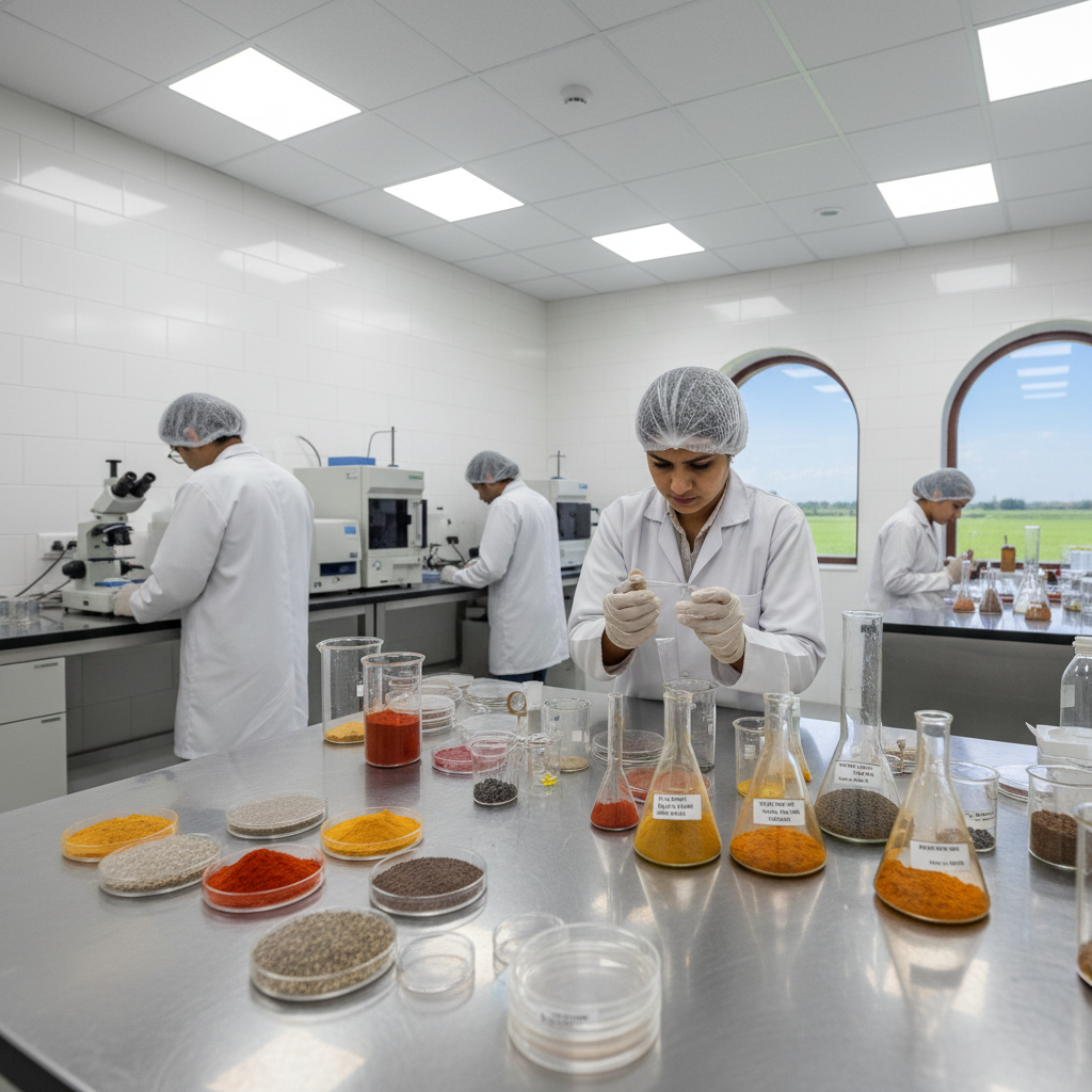 Quality control worker in white uniform inspecting besan flour samples in FSSAI certified laboratory