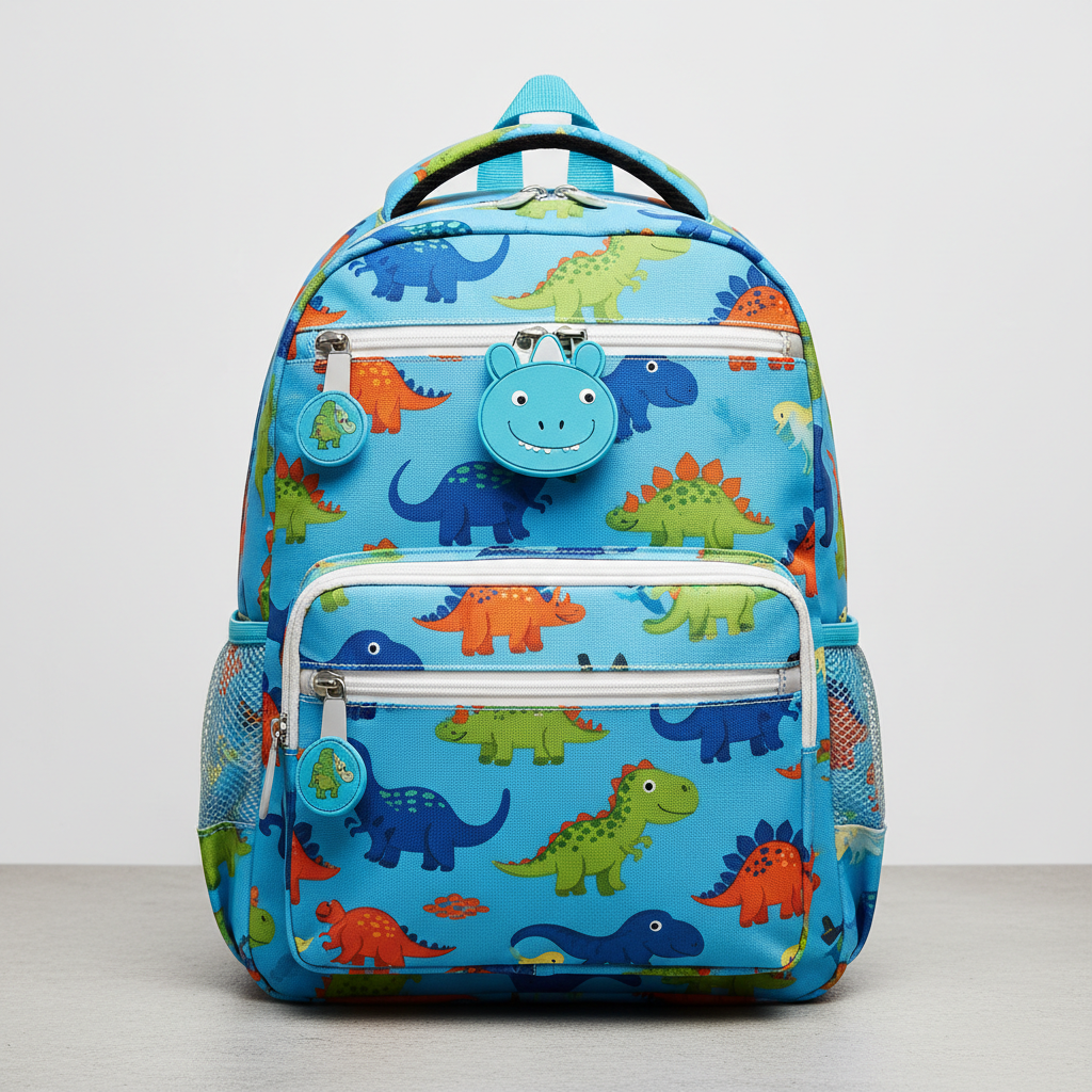 Colorful kids school backpack with fun cartoon print on light background