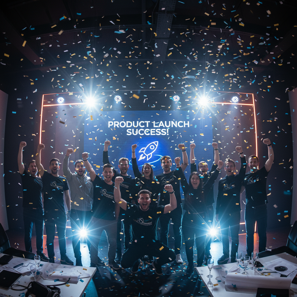 Team celebrating a product launch with raised fists