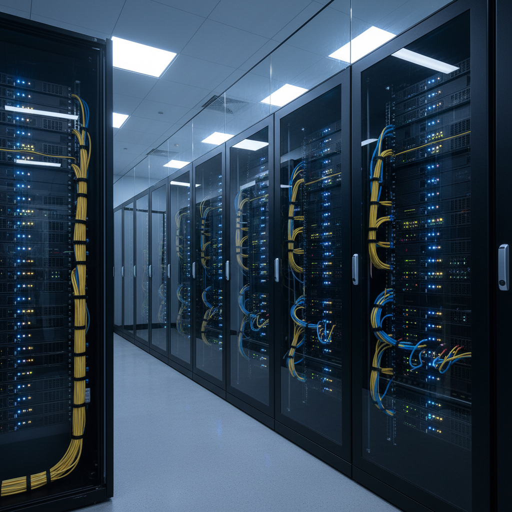 Server infrastructure with organized cable management and LED indicators
