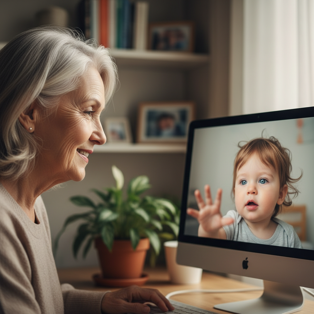 Grandmother on video call looking at toddler who cannot speak in Spanish yet