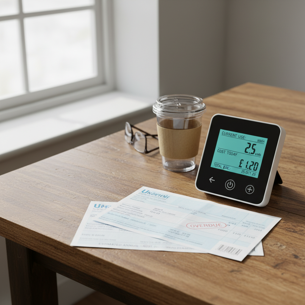 Energy meter and bills on a table representing UK electricity running costs