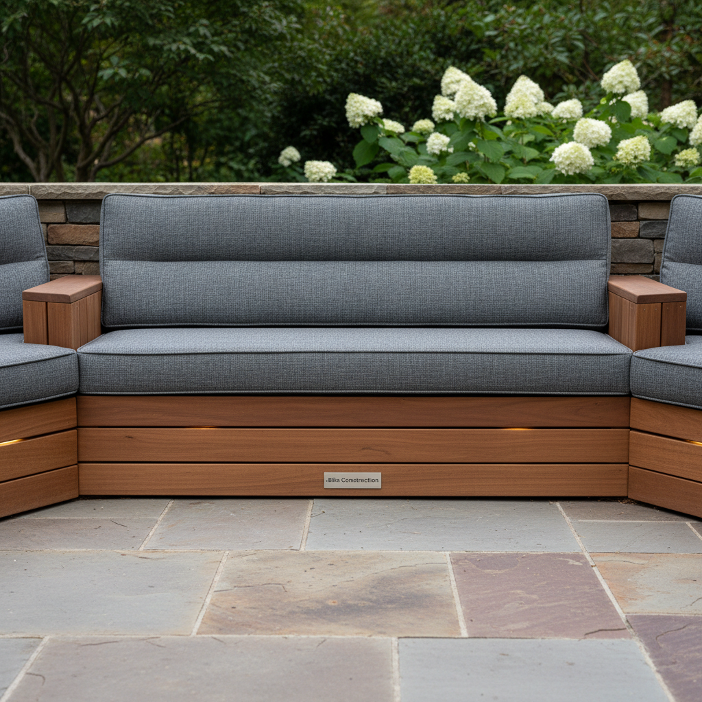 Casa Bianca built-in bench seating by Biba Construction, custom upholstered outdoor bench
