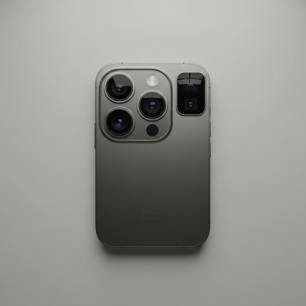 iPhone 15 Plus close-up camera system on warm blurred background