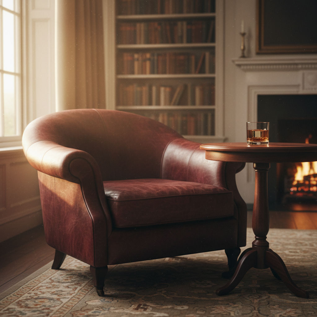 Deep burgundy leather club chair by a window with afternoon light and a glass of whisky on side table